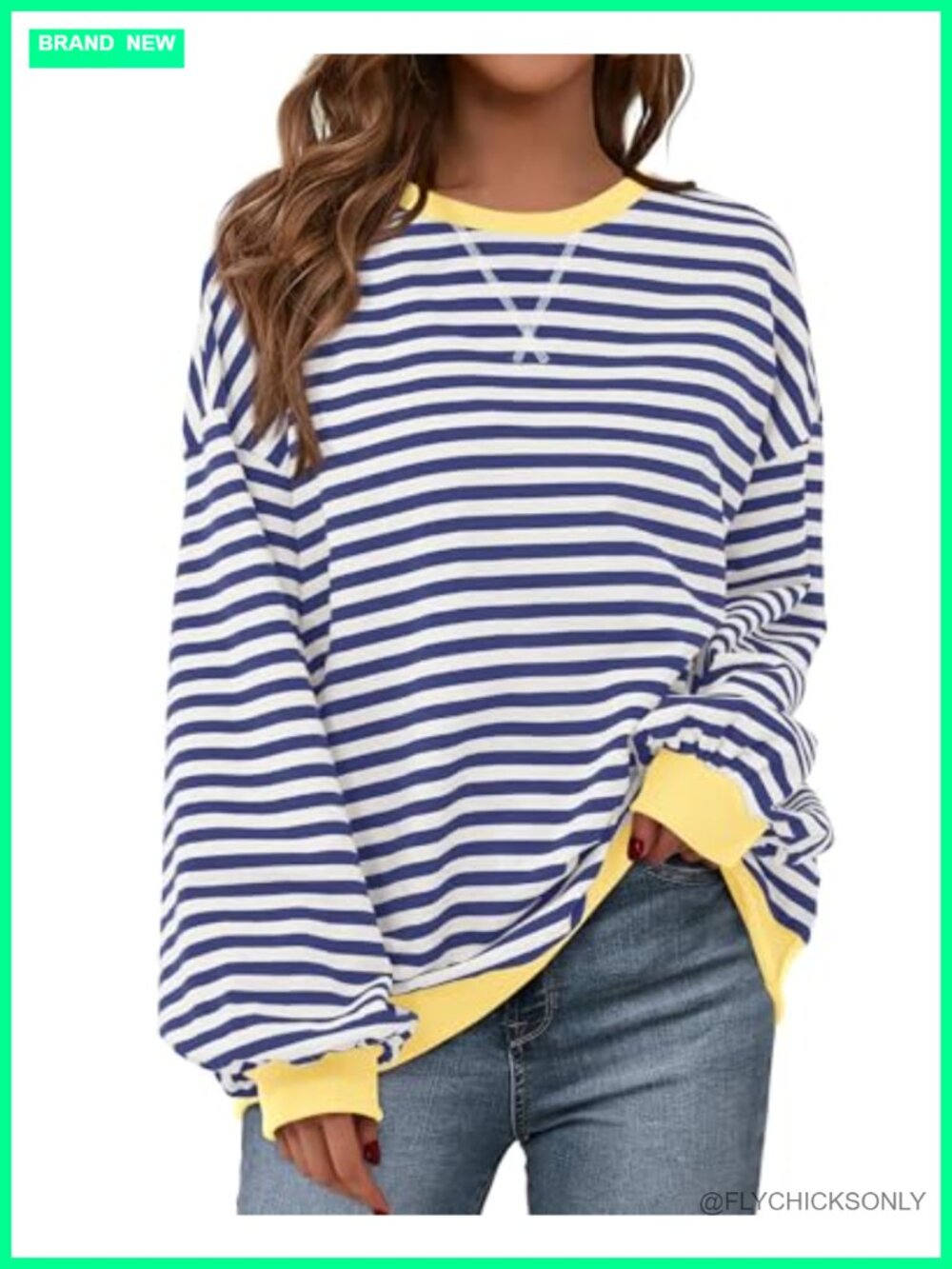 Oversized Striped Sweatshirt Women Lantern Sleeve Crewneck Pullover